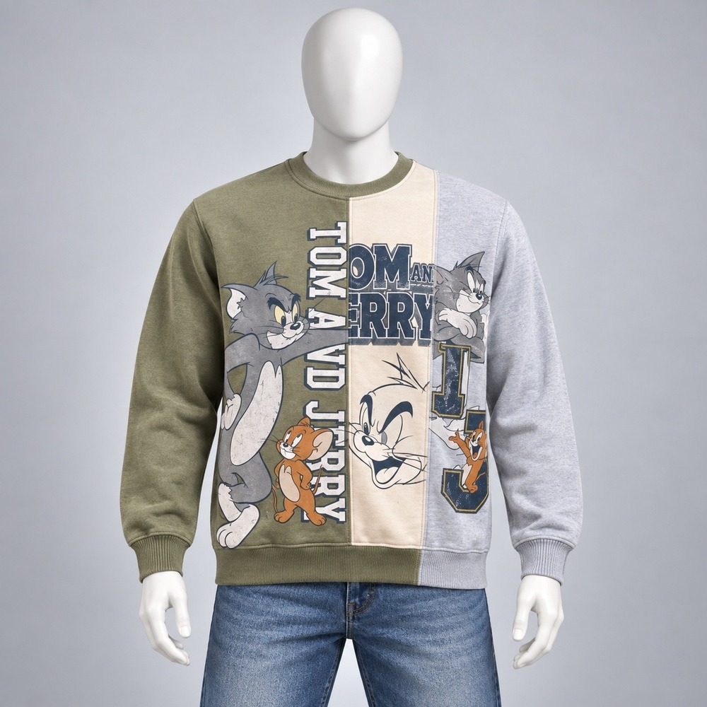 Tom and Jerry Graphic Sweatshirt Mens Small Green Blue Colorblock Pullover